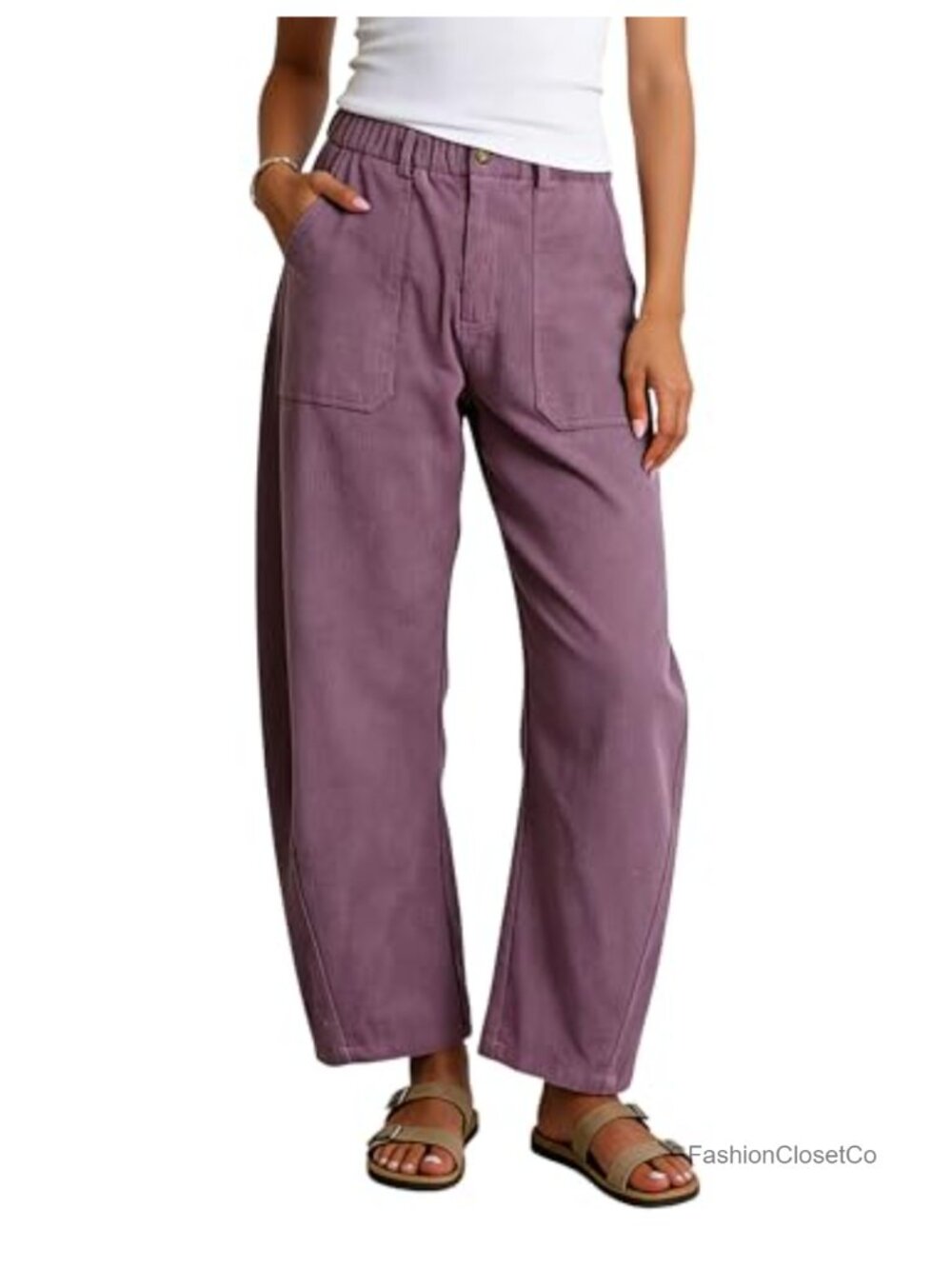 Women's Corduroy Wide Leg Barrel Pants Elastic Waist Casual Trousers
